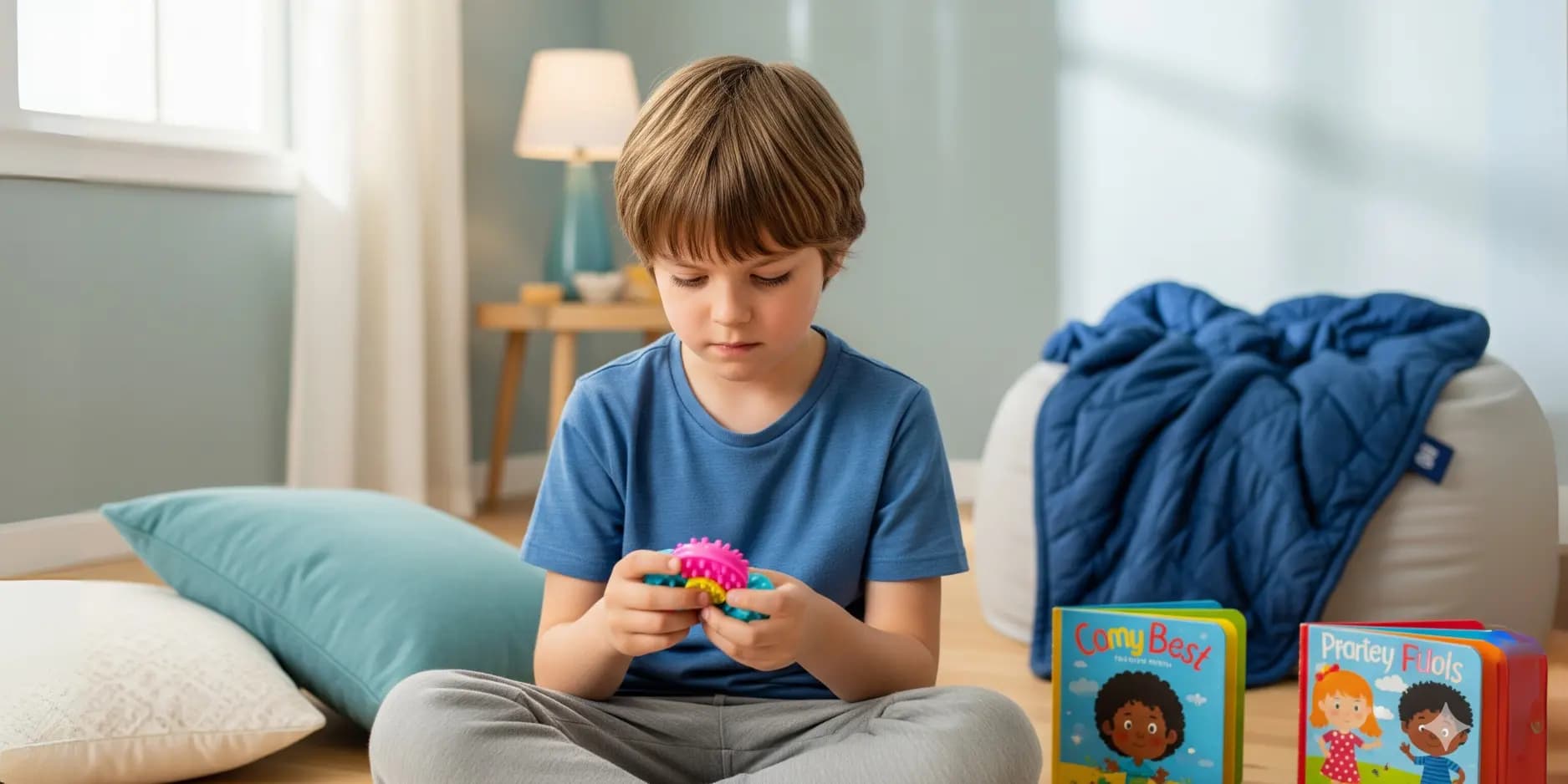 A child playing quietly with a sensory toy in a calm room