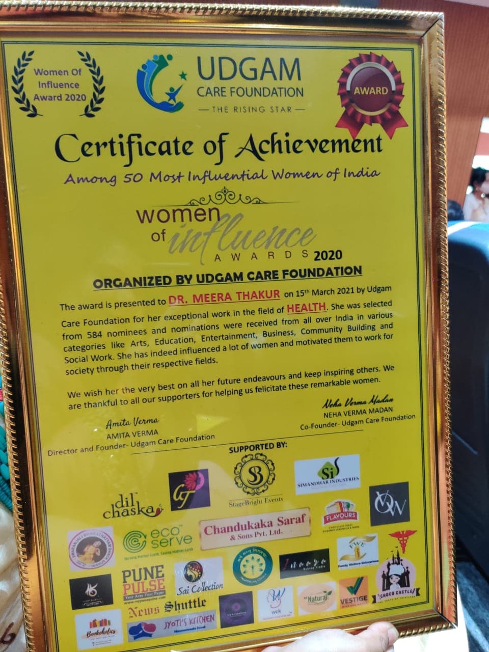Certificate of Achievement, Women of Influence Award, presented to Dr. Meera Thakur by Udgam Care Foundation
